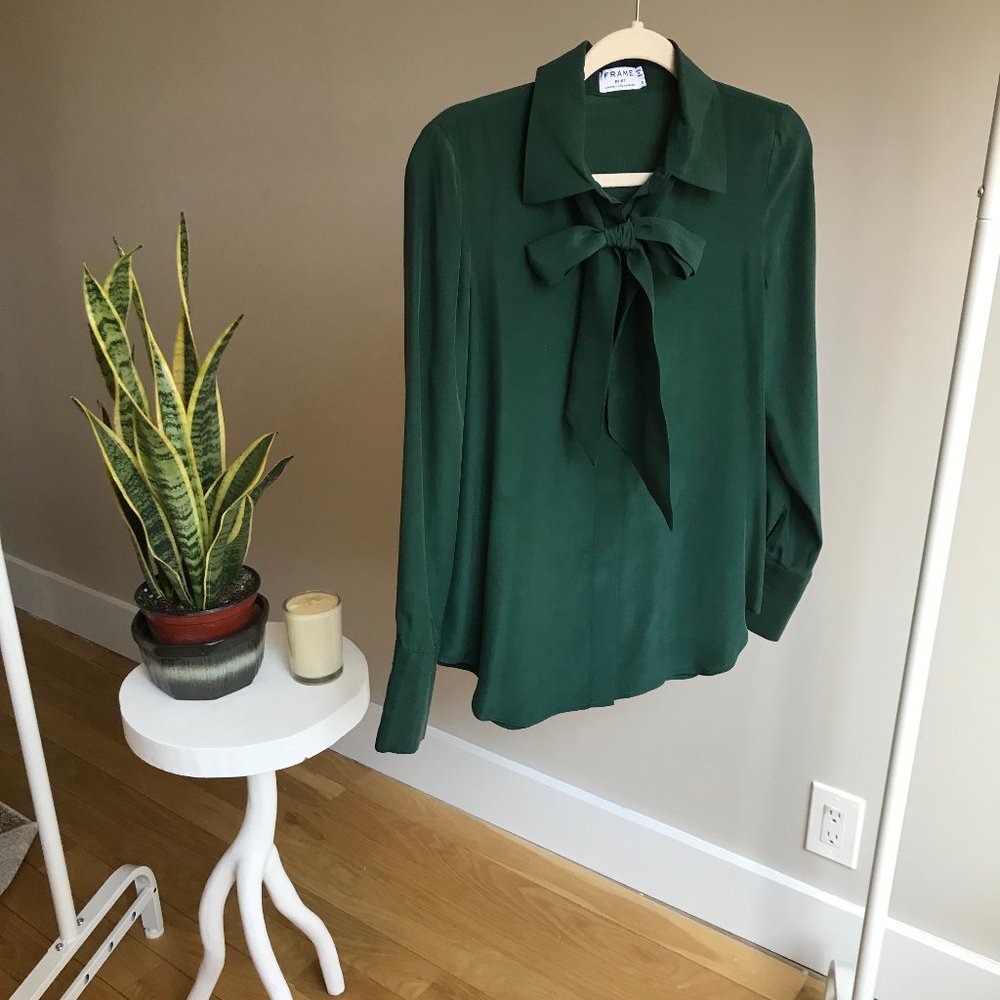 FRAME Forest Green Silk Blouse with Neck Tie